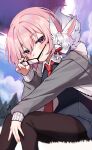  1girl absurdres animal_ears bangs blush creature eyebrows_visible_through_hair fate_(series) glasses highres holding holding_eyewear hood hoodie leggings looking_to_the_side mash_kyrielight necktie pink_hair red_neckwear short_hair smile useq1067 violet_eyes white_hoodie 