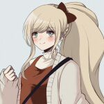  1girl alternate_costume bangs blonde_hair blush bow braid breasts cardigan closed_mouth commentary criis-chan dangan_ronpa dress english_commentary eyebrows_visible_through_hair hair_bow long_hair long_sleeves looking_at_viewer lowres medium_breasts pinafore_dress ponytail red_bow smile solo sonia_nevermind super_dangan_ronpa_2 upper_body 