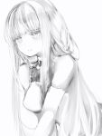  1girl bare_shoulders breasts bright_pupils closed_mouth copyright_request detached_sleeves from_side greyscale highres jitome large_breasts leaning_forward long_hair monochrome nanashi_(nlo) simple_background smile solo upper_body white_background 
