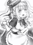  1girl :d apron blush bow dot_nose gloves greyscale hair_bow hands_up hat highres kagura_mea kagura_mea_channel looking_at_viewer monochrome nanashi_(nlo) neck_ribbon open_mouth puffy_short_sleeves puffy_sleeves ribbon short_sleeves smile solo standing waist_apron 