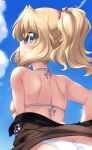  1girl ass bikini blonde_hair blue_eyes blush butt_crack closed_mouth clouds condensation_trail from_behind girls_und_panzer highres jacket kay_(girls_und_panzer) kuzuryuu_kennosuke looking_at_viewer looking_back military military_uniform ponytail saunders_military_uniform shiny shiny_hair shiny_skin shoulder_blades skindentation sky smile solo sunglasses swimsuit swimwear undressing uniform upper_body white_bikini 