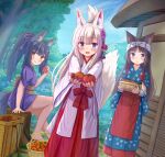  3girls :d absurdres animal_ears apron bangs black_hair blue_kimono blush bow bowl brown_eyes cat_ears closed_mouth commentary_request day eyebrows_visible_through_hair food fox_ears fox_girl fox_tail hair_between_eyes hakama highres holding holding_bowl holding_food iroha_(iroha_matsurika) japanese_clothes kimono long_sleeves looking_at_viewer miko multiple_girls open_mouth original outdoors outstretched_arms polka_dot polka_dot_bow purple_kimono red_apron red_hakama short_sleeves silver_hair sitting smile standing tail tail_raised tasuki tomato tree_stump violet_eyes waist_apron white_bow white_kimono wide_sleeves 