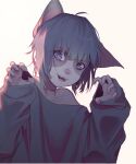  1girl :3 ahoge animal_ears artist_request blue_eyes blue_hair cat_ears claws copyright_request fangs furry hands_up highres looking_at_viewer off-shoulder_sweater off_shoulder short_hair simple_background smile source_request sweater thick_eyebrows white_background 