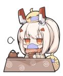  1girl animal_on_head ayanami_(azur_lane) azur_lane bangs blush brown_eyes brown_scarf character_name chibi cup eyebrows_visible_through_hair headgear kotatsu light_brown_hair looking_at_viewer manjuu_(azur_lane) mask mouth_mask on_head ootsuki_momiji ponytail scarf simple_background table teacup teapot white_background 