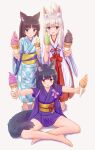  3girls :d absurdres animal_ear_fluff animal_ears barefoot black_hair blue_eyes blush brown_eyes brown_hair cat_ears checkered checkered_kimono commentary_request folded_ponytail food fox_ears fox_girl fox_tail grey_background hakama highres holding holding_food ice_cream ice_cream_cone iroha_(iroha_matsurika) japanese_clothes kimono long_hair long_sleeves miko multiple_girls obi open_mouth original outstretched_arms parted_lips purple_kimono red_hakama sash shadow short_sleeves silver_hair sitting smile soft_serve standing tail tasuki violet_eyes white_kimono wide_sleeves yukata 