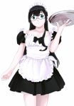  1girl absurdres alternate_costume apron bangs black_dress black_hair collarbone commentary_request cowboy_shot dress enmaided frilled_apron frilled_dress frills glasses green_eyes highres holding holding_tray kantai_collection long_hair looking_at_viewer maid maid_apron maid_headdress ojipon ooyodo_(kantai_collection) puffy_short_sleeves puffy_sleeves reflection semi-rimless_eyewear short_sleeves simple_background solo standing tray under-rim_eyewear white_apron white_background 