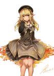  1girl absurdres bangs beret blonde_hair cardigan choker dated dress elf hat highres hololive huge_filesize jeffrey10 leaf legs lips long_hair looking_at_viewer pointy_ears shiranui_flare sidelocks signature sitting solo striped vertical-striped_dress vertical_stripes virtual_youtuber yellow_eyes 