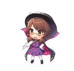  1girl bangs black_footwear black_headwear bolo_tie bow brown_hair cape capelet chibi cloak eyebrows_visible_through_hair fedora full_body hand_on_hip hat hat_bow highres long_sleeves low_twintails medium_hair open_mouth plaid plaid_skirt plaid_vest purple_skirt purple_vest red-framed_eyewear runes simple_background skirt solo touhou twintails usami_sumireko vest white_background white_bow white_legwear white_sleeves yada_(xxxadaman) 