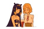  2girls ^_^ bangs bare_shoulders black_hair blunt_bangs blush breasts choker closed_eyes collarbone collared_shirt drinking_straw drinking_straw_in_mouth flat_chest gutalalaman highres hololive hololive_english long_hair medium_breasts medium_hair mole mole_under_eye multiple_girls ninomae_ina&#039;nis pointy_ears shirt shirt_tucked_in tentacle_hair watson_amelia white_shirt yuri 