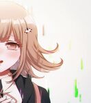  1girl backpack bag bangs black_jacket blush collared_shirt criis-chan dangan_ronpa hair_ornament hairclip hand_on_own_chest jacket light_brown_hair looking_at_viewer medium_hair nanami_chiaki open_mouth pink_eyes pink_ribbon ribbon shirt smile solo super_dangan_ronpa_2 symbol_commentary upper_teeth 