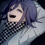  1boy akahito_(akaironotanin) arms_behind_head black_background checkered checkered_scarf commentary_request dangan_ronpa hair_between_eyes highres leaning_back looking_at_viewer male_focus muted_color new_dangan_ronpa_v3 ouma_kokichi purple_hair scarf shirt short_hair sidelocks simple_background solo upper_body violet_eyes white_shirt 