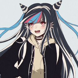  1girl :d alternate_costume backpack bag bangs black_choker black_hair black_jacket blue_hair blush choker collarbone commentary criis-chan dangan_ronpa ear_piercing fake_horns grey_background hood hoodie horns jacket lip_piercing long_hair looking_at_viewer lowres mioda_ibuki multicolored_hair open_mouth piercing pink_eyes pink_hair school_uniform simple_background smile solo super_dangan_ronpa_2 upper_body upper_teeth 