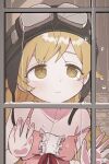  1girl against_window bakemonogatari blonde_hair crack dress goggles hand_on_glass helmet highres long_hair monogatari_(series) no1shyv oshino_shinobu rain solo strap_slip upper_body window yellow_eyes 