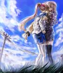  2girls blonde_hair blue_sky clouds cloudy_sky comforting couple ego6 fate_testarossa frown hug long_hair looking_at_another lyrical_nanoha mahou_shoujo_lyrical_nanoha_strikers military military_uniform multiple_girls red_eyes side_ponytail sky takamachi_nanoha uniform very_long_hair yuri 