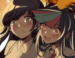  2girls bangs black_hair blue_hair blunt_bangs blush collarbone collared_shirt criis-chan dangan_ronpa eyebrows_visible_through_hair face long_hair looking_at_another mioda_ibuki mole mole_under_eye multicolored_hair multiple_girls open_mouth piercing pink_eyes pink_hair school_uniform shirt super_dangan_ronpa_2 symbol_commentary teeth tsumiki_mikan white_hair white_shirt 