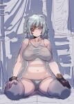  1girl bare_shoulders blue_eyes bow_(bhp) breasts closed_mouth copyright_request eyepatch gloves grey_hair grey_panties large_breasts looking_at_viewer navel one_eye_covered panties sitting sketch solo tank_top underwear 