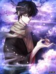  1boy black_hair black_kimono black_nails brown_eyes brown_scarf copyright_name dairoku_youhei flower hair_between_eyes hi-na1 horns japanese_clothes kimono kiseru looking_at_viewer male_focus official_art outdoors pipe scarf smoke standing upper_body watermark wide_sleeves 