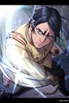  1boy bangs black_eyes black_hair fighting_stance frown golden_kamuy highres holding holding_sword holding_weapon koito_otonoshin long_sleeves male_focus menma_kozo military military_uniform motion_blur parted_bangs sheath standing sword thick_eyebrows twitter_username uniform weapon 
