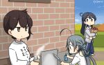  3girls ahoge alternate_costume bag bench black_hair blue_pants blue_sky brick_wall brown_eyes clothes_writing clouds commentary_request cup dated day disposable_cup food grey_eyes grey_hair hair_between_eyes hair_bun hamu_koutarou highres kaga_(kantai_collection) kantai_collection kiyoshimo_(kantai_collection) long_hair low_twintails multiple_girls outdoors pants paper_bag side_ponytail sky spray_can sweater sweet_potato track_pants translation_request twintails ushio_(kantai_collection) white_sweater 