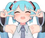  1girl :d ^_^ abmayo aqua_hair armpits bangs bare_shoulders black_sleeves blue_neckwear blush closed_eyes collared_shirt commentary_request detached_sleeves double_v emotional_engine_-_full_drive facing_viewer fate/grand_order fate_(series) grey_shirt hair_ornament hands_up happy hatsune_miku highres long_hair looking_at_viewer nail_polish necktie open_mouth shirt shoulder_tattoo simple_background sleeveless sleeveless_shirt smile solo sparkle sweat tattoo twintails upper_body v v-shaped_eyebrows vocaloid white_background 
