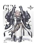  1girl :d ammunition_belt android arm_at_side bullet donxxxs english_text full_body gun handgun huge_weapon joints looking_at_viewer mecha_musume middle_finger open_mouth original pink_hair revolver robot_joints shadow sharp_teeth simple_background smile solo teeth weapon 