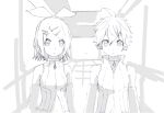  1boy 1girl bangs bass_clef bow choker commentary_request d_futagosaikyou detached_sleeves expressionless greyscale hair_bow hair_ornament hairclip headphones kagamine_len kagamine_len_(append) kagamine_rin kagamine_rin_(append) looking_at_viewer midriff monochrome navel navel_cutout ribbed_shirt shirt short_hair sketch sleeveless sleeveless_shirt spiky_hair standing swept_bangs treble_clef upper_body vocaloid vocaloid_append 