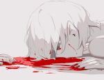  1boy 1other absurdres albino avogado6 blood fingernails french_commentary highres implied_death licking_blood male_focus original pale_skin pointy_ears red_eyes simple_background solo_focus tongue tongue_out vampire white_background white_hair white_skin 