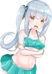  1girl angry aqua_bikini bikini bikini_skirt black_ribbon blush collarbone crossed_arms eyebrows_visible_through_hair flat_chest grey_hair hair_ribbon hakumenman highres kantai_collection kasumi_(kantai_collection) long_hair navel open_mouth ribbon side_ponytail silver_hair simple_background solo swimsuit white_background yellow_eyes 