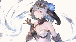  1girl blue_flower blue_hair character_request copyright_request flower gauntlets hair_flower hair_ornament horns n.a. short_hair simple_background solo tagme violet_eyes white_background 