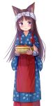  1girl absurdres animal_ear_fluff animal_ears apron bangs blue_kimono blush bowl brown_hair cat_ears closed_mouth commentary_request eyebrows_visible_through_hair food highres holding holding_bowl iroha_(iroha_matsurika) japanese_clothes kimono long_hair looking_at_viewer original red_apron short_sleeves simple_background smile solo standing tasuki very_long_hair violet_eyes waist_apron white_background 