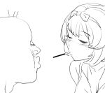  1boy 1girl blush bow bow_(bhp) closed_eyes food greyscale hair_bow hetero imminent_kiss monochrome mouth_hold original pocky pocky_day pocky_kiss short_hair simple_background white_background 
