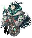  1girl bare_shoulders dark_persona empty_eyes expressionless eyepatch full_body green_hair half-nightmare holding holding_sword holding_weapon horns ji_no little_match_girl_(sinoalice) looking_at_viewer official_art oversized_clothes pale_skin red_eyes scarf single_horn sinoalice solo sword transparent_background weapon 