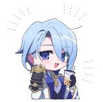  1boy armor black_gloves blue_eyes blue_hair blush bubble_tea chibi cropped_torso cup disposable_cup genshin_impact gloves hair_between_eyes highres holding holding_cup homare_(g_hmr88) japanese_armor japanese_clothes kamisato_ayato long_sleeves looking_at_viewer male_focus mole mole_under_mouth open_mouth simple_background solo tassel upper_body white_background wide_sleeves 