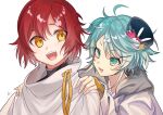  2boys :3 :d ahoge blush flower green_eyes green_hair hair_flower hair_ornament hairclip hanasaki_miyabi highres holostars jacket kagami_kira long_sleeves male_focus messy_hair multiple_boys ohita_hio open_mouth otoko_no_ko redhead short_hair simple_background smile turtleneck upper_body virtual_youtuber white_background yellow_eyes 