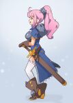  1girl :d ahoge armor blue_dress boots breastplate contrapposto dress from_side high_heel_boots high_heels highres long_hair open_mouth original pauldrons pink_hair ponytail procreate_(medium) profile sheath sheathed shoulder_armor sideways_mouth smile solo standing sword thigh-highs vins-mousseux weapon white_legwear 