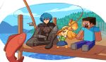  1girl 2boys :d absurdres animal_crossing aqua_shirt blue_hair blue_skirt byleth_(fire_emblem) byleth_eisner_(male) cape crossover day dock dog_girl fish fishing full_body highres isabelle_(animal_crossing) lucy_fuchs multiple_boys open_mouth outdoors shirt sitting skirt smile steve_(minecraft) super_smash_bros. 