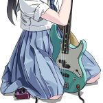  bass_guitar blue_skirt effects_pedal guitar highres instrument medium_skirt original seiza shirt short_sleeves simple_background sitting skirt tariki_fretless white_background white_shirt 