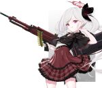  1girl bag bangs black_jacket blue_archive closed_mouth eyebrows_visible_through_hair feet_out_of_frame gun holding holding_bag holding_gun holding_weapon ingerdoll jacket licking_lips long_hair looking_at_viewer machine_gun mutsuki_(blue_archive) red_skirt skirt smile solo standing tongue tongue_out twitter_username violet_eyes weapon white_background white_hair 