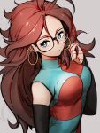  1girl android_21 black-framed_eyewear blue_eyes breasts checkered checkered_dress closed_mouth dragon_ball dragon_ball_fighterz dress earrings glasses grey_background hoop_earrings jewelry kemachiku long_hair looking_at_viewer medium_breasts redhead simple_background solo 