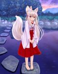  1girl absurdres animal_ears barefoot blush forest fox_ears fox_girl fox_tail hair_ornament hakama hands_together highres iroha_(iroha_matsurika) japanese_clothes kimono long_hair miko nature original standing stone_walkway tail water white_hair 