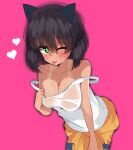  1girl :p absurdres animal_ears antyobi0720 bangs blush bob_cut breasts bright_pupils brown_hair cat_ears clothes_around_waist commentary cowboy_shot dark_skin dark-skinned_female eyebrows_visible_through_hair girls_und_panzer gloves green_eyes heart highres hoshino_(girls_und_panzer) jumpsuit kemonomimi_mode large_breasts leaning_forward looking_at_viewer mechanic one_eye_closed orange_jumpsuit pink_background pulled_by_self see-through shirt shirt_pull short_hair simple_background smile solo standing sweat tan tank_top tanline tongue tongue_out uniform white_gloves white_pupils white_shirt 