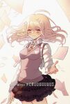  1girl ahoge akamatsu_kaede arm_at_side bangs beamed_eighth_notes blonde_hair blush breasts commentary commentary_request cowboy_shot criis-chan dangan_ronpa eighth_note eyebrows_visible_through_hair floating_hair flying_paper hair_ornament hand_up long_hair long_sleeves looking_at_viewer medium_breasts musical_note musical_note_hair_ornament necktie new_dangan_ronpa_v3 paper pink_sweater_vest pleated_skirt school_uniform shirt skirt smile solo sweater_vest twitter_username violet_eyes 