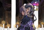 1girl absurdres black_mage candle closed_mouth earrings final_fantasy final_fantasy_xiv from_side grey_hair highres horns jewelry lalafell lantern long_hair looking_at_viewer original pointy_ears ponytail profile robe rosette_(yankaixuan) smile solo upper_body violet_eyes 