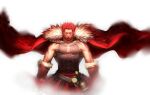  1boy backlighting bare_shoulders beard blurry_foreground bracer breastplate cape cleavage_cutout clothing_cutout facial_hair fate/grand_order fate/zero fate_(series) floating floating_cape floating_object fur-trimmed_cape fur_trim highres iskandar_(fate) kasei_yukimitsu leather male_focus muscle no_eyes pectorals pixiv_fate/grand_order_contest_1 red_cape redhead short_hair solo veins white_background 