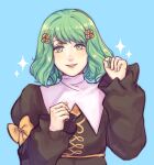  1girl adelnath arm_up fire_emblem fire_emblem:_three_houses fire_emblem_heroes flayn_(fire_emblem) garreg_mach_monastery_uniform green_eyes green_hair hair_ornament hairclip looking_at_viewer playing_with_own_hair ribbon short_hair simple_background smile solo uniform upper_body 
