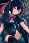  1girl asymmetrical_wings black_dress black_hair black_legwear blurry blush bokeh bow bowtie breasts closed_mouth commentary_request dark_background dated depth_of_field dress feet_out_of_frame hair_between_eyes head_tilt highres houjuu_nue kisamu_(ksmz) knee_up leaf light_smile medium_breasts red_bow red_eyes short_hair short_sleeves signature sitting smile solo thigh-highs touhou wings 