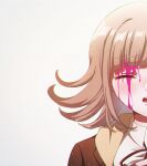  1girl bangs blood blood_on_face blush brown_jacket closed_eyes collared_shirt criis-chan dangan_ronpa dangan_ronpa_3 eyebrows_visible_through_hair jacket light_brown_hair nanami_chiaki open_mouth pink_blood red_ribbon ribbon shirt simple_background solo spoilers symbol_commentary white_background white_shirt 