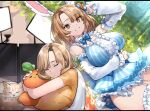  1girl absurdres animal_ears blue_bow blue_dress blue_neckwear bow bowtie breasts brown_eyes brown_hair bunny_ayumi bunny_ayumi_(vtuber) carrot carrot_hair_ornament carrot_pillow cat closed_eyes closed_mouth commentary commission detached_sleeves dreaming dress english_commentary fingernails food_themed_hair_ornament garter_straps grass hair_ornament highres huge_breasts indie_virtual_youtuber light_rays long_sleeves looking_at_viewer lying medium_hair monitor multiple_monitors multiple_views neonbeat on_grass on_stomach orange_shirt pillow pillow_hug rabbit_ears shirt short_dress short_sleeves sleeping smile thigh-highs white_legwear 