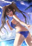  1girl bikini black_hair blue_bikini blue_sky breasts clouds commentary_request day dutch_angle from_behind highres horizon inuno_pesu large_breasts long_hair looking_at_viewer looking_back ocean original outdoors palm_leaf red_eyes sky solo standing swimsuit twintails 