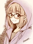  1girl artist_name bangs bespectacled black-framed_eyewear blush brown_eyes closed_mouth commentary drawstring eyebrows_visible_through_hair glasses himawari-san hood hood_up hoodie kazamatsuri_matsuri light_brown_hair looking_at_viewer pink_hoodie shirt short_hair signature sketch smile solo sugano_manami upper_body 